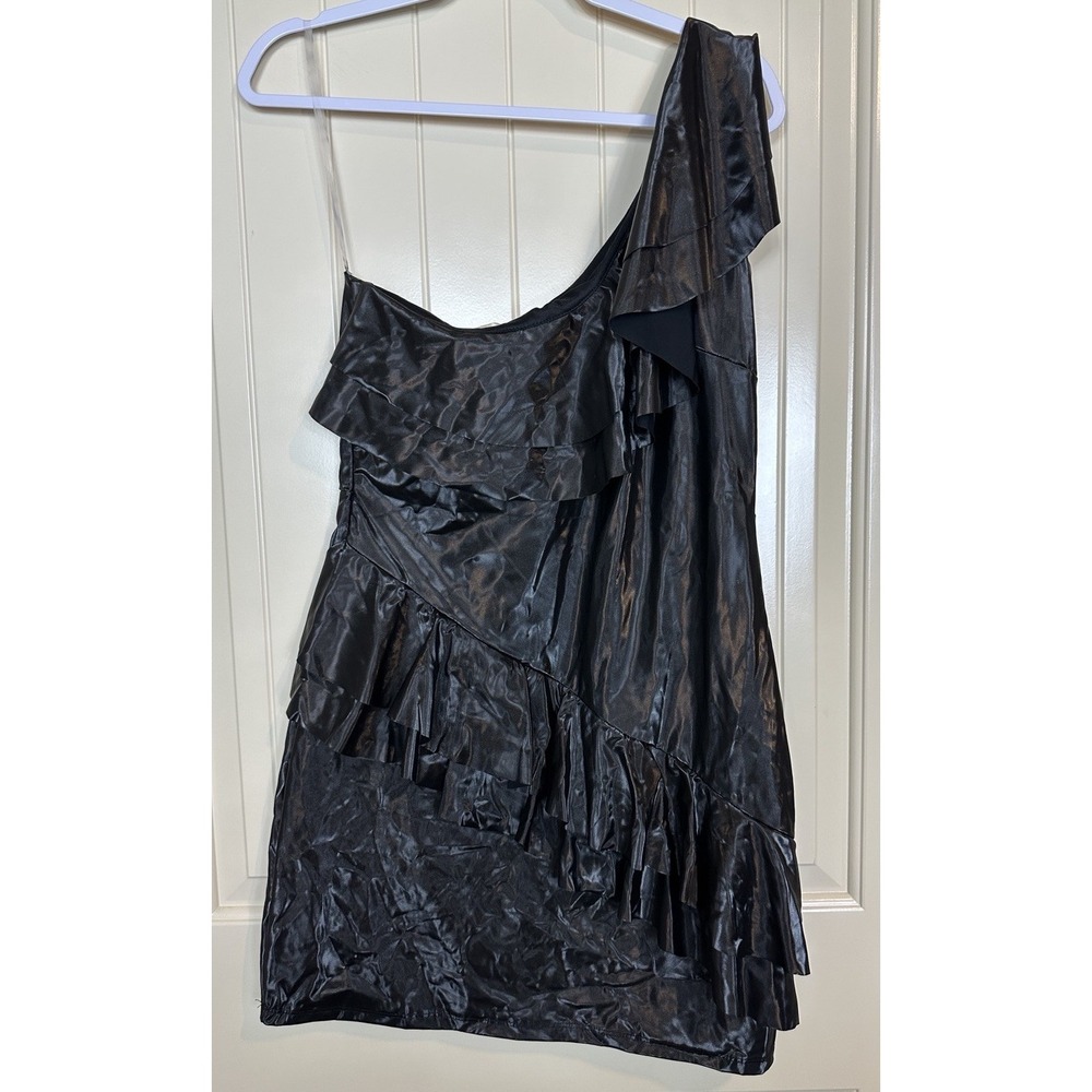 Just Me Faux Leather Black Ruffle One Shoulder Dress Sz L‎ NWT $78 Boutique
